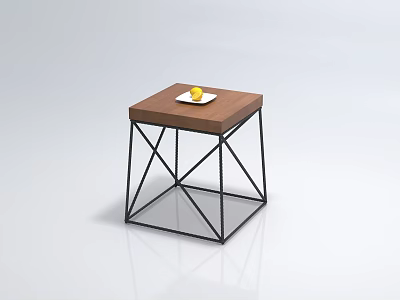 Stylish Coffee Table With Wooden Top Black Metal Frame And White Plate Holding Yellow Fruit 3d model