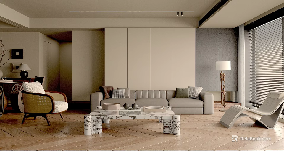 Minimalist Living Room Interior With Gray Sofa Marble Top Coffee Table And Herringbone Wooden Floor 3d model 