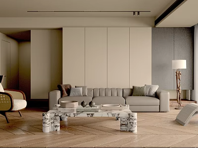 Minimalist Living Room Interior With Gray Sofa Marble Top Coffee Table And Herringbone Wooden Floor 3d model