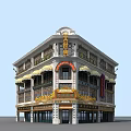 Traditional Style Commercial Complex With Ornate Balconies Arched Windows And Signage