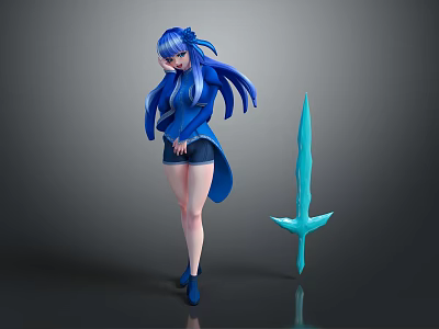 3D Render Of Blue Haired Girl Wearing Blue Outfit And Black Shorts With Blue Sword 3d model