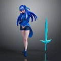 3D Render Of Blue Haired Girl Wearing Blue Outfit And Black Shorts With Blue Sword