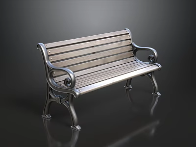 Wooden Slat Bench With Metal Armrests And Ornate Scroll Design Reflective Base 3d model