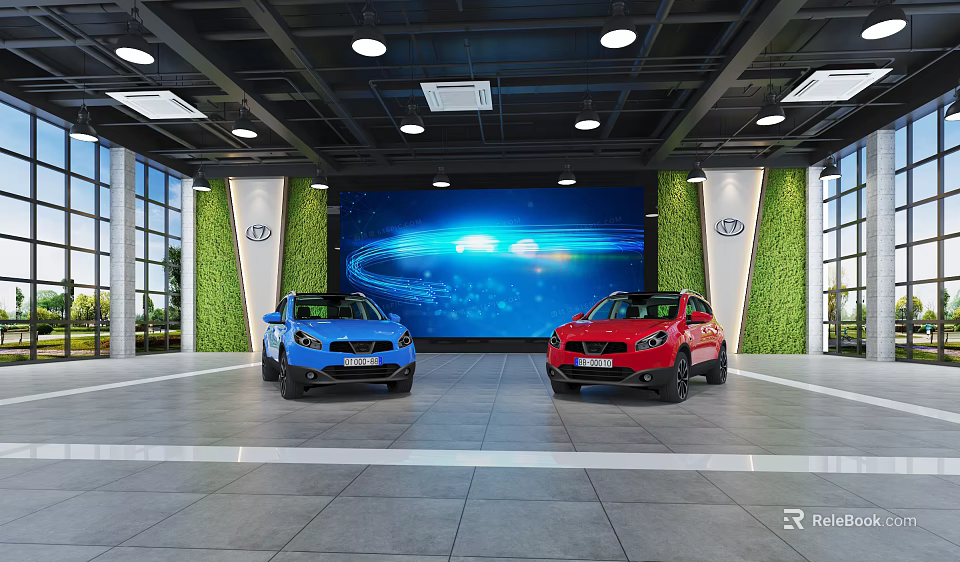Modern Auto Showroom Interior with Blue and Red Cars Large Screen and Green Plant Walls 3d model 