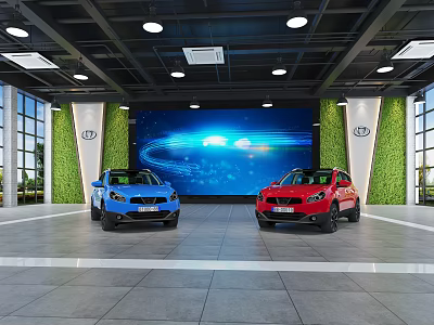 Modern Auto Showroom Interior with Blue and Red Cars Large Screen and Green Plant Walls 3d model