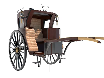 Vintage Brown Horse Drawn Carriage With Upholstered Seats Large Wheels And Brass Lamps 3d model