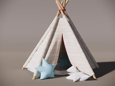 Cozy Teepee Tent With White Striped Canvas And Star Shaped Pillows In Blue And White 3d model