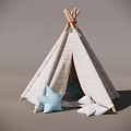 Cozy Teepee Tent With White Striped Canvas And Star Shaped Pillows In Blue And White