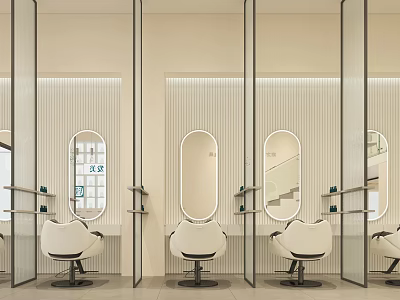 Modern Beauty Hair Salon Interior With White Salon Chairs Oval Mirrors And Glass Partitions 3d model