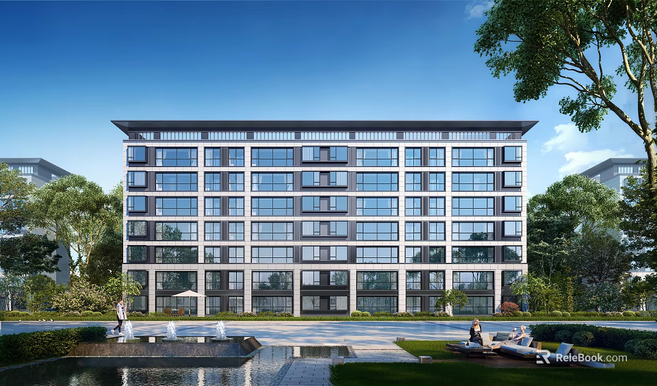 Modern Residential Building With Glass Windows Surrounded By Trees Pond And Outdoor Seating 3d model 