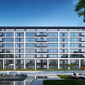 Modern Residential Building With Glass Windows Surrounded By Trees Pond And Outdoor Seating