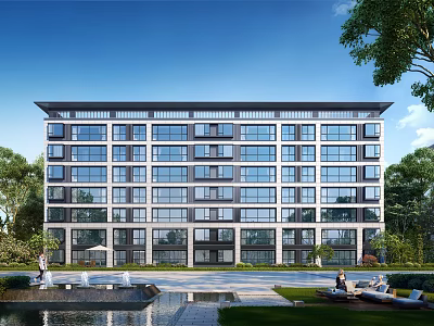 Modern Residential Building With Glass Windows Surrounded By Trees Pond And Outdoor Seating 3d model