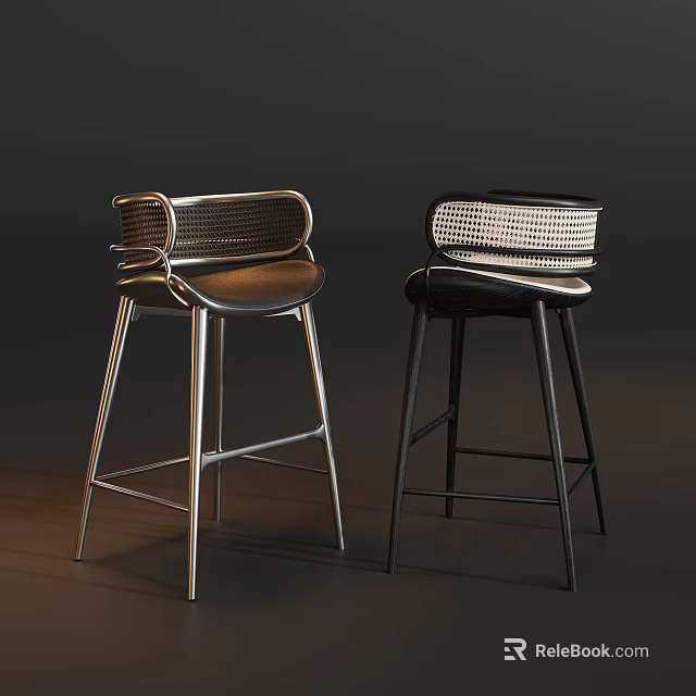 Comfortable Woven Rattan Back Bar Stools With Sleek Metal Legs For Modern Home Bar Area 3d model 