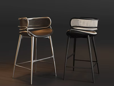 Comfortable Woven Rattan Back Bar Stools With Sleek Metal Legs For Modern Home Bar Area 3d model