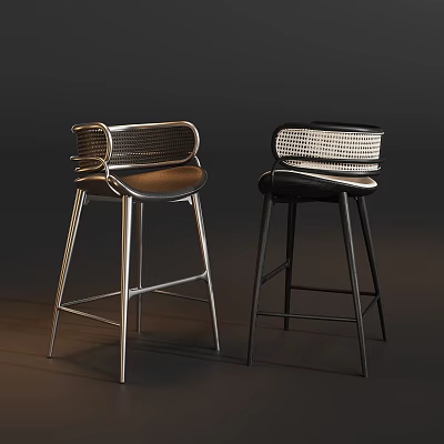 Comfortable Woven Rattan Back Bar Stools With Sleek Metal Legs For Modern Home Bar Area 3d model
