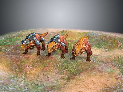 Mythical Armored Dinosaur Creatures as Fantasy Characters on Grassy Outdoor Terrain 3d model