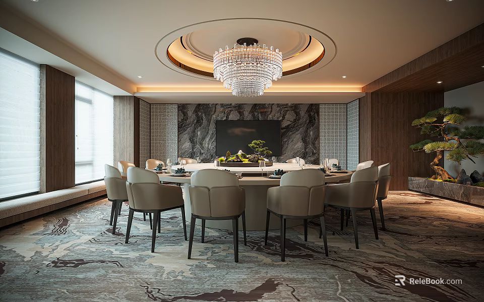 Luxurious Private Dining Room With Round Table Beige Chairs Crystal Chandelier And Marble Backdrop 3d model 