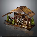 Miniature Wooden Cabin Model With Brown Tiled Roof Wooden Clock Green Trees And Figurines