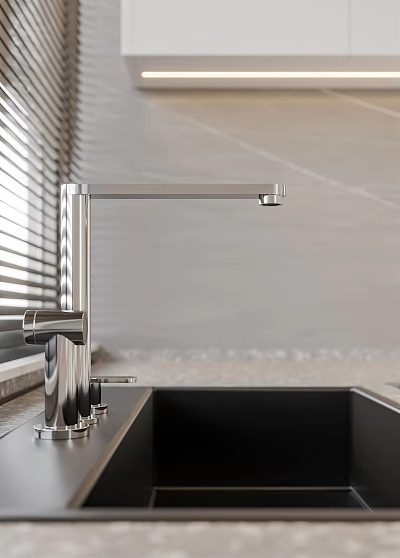 Modern Wash Basin With Stainless Steel Faucet And Window Blinds On Marble Countertop 3d model