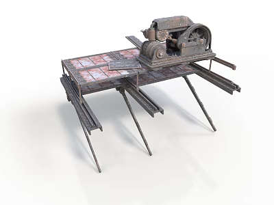 Vintage Rustic Engine Equipment With Metal Frame Gears And Red Brick Table Top 3d model