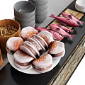 Asian Pastries with Powdered Sugar and Pink Fish Shaped Foods Near Bamboo Steamers Gray Bowls
