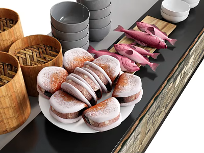 Asian Pastries with Powdered Sugar and Pink Fish Shaped Foods Near Bamboo Steamers Gray Bowls 3d model