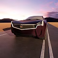 Sleek Burgundy Futuristic Car With Unique Yellow Wheels Driving On Open Road At Sunset