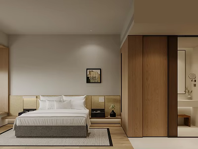 Modern Hotel Room Interior With King Bed Wooden Wardrobe And Decorative Painting 3d model
