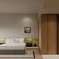 Modern Hotel Room Interior With King Bed Wooden Wardrobe And Decorative Painting
