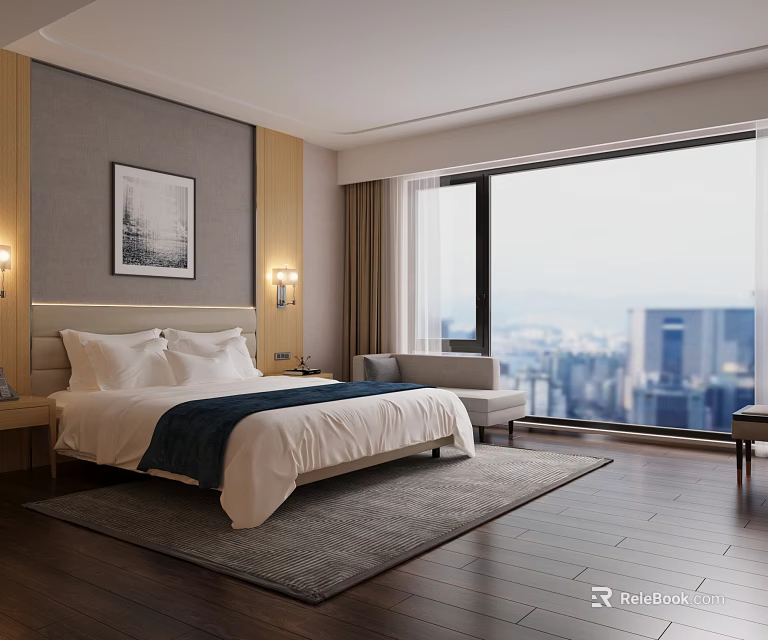 Modern Hotel Room Interior With King Bed Floor to Ceiling Window and City View 3d model 