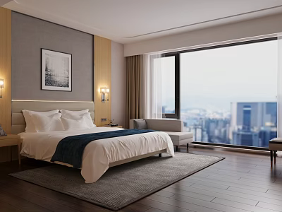 Modern Hotel Room Interior With King Bed Floor to Ceiling Window and City View 3d model