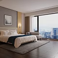 Modern Hotel Room Interior With King Bed Floor to Ceiling Window and City View