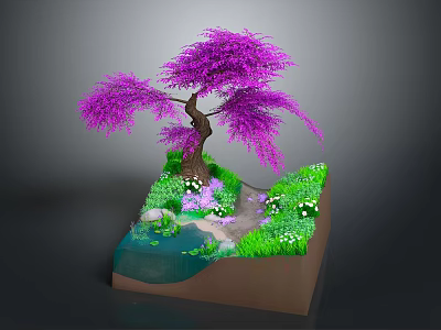Decorative Miniature Landscape Scene With Purple Tree Small Pond Grass And Path 3d model