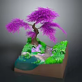 Decorative Miniature Landscape Scene With Purple Tree Small Pond Grass And Path