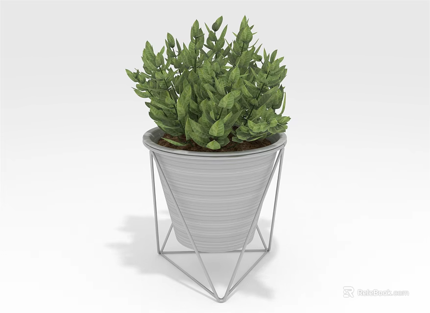 Lush Green Leafy Plant In Modern Metal Geometric Planter With Triangular Stand 3d model 