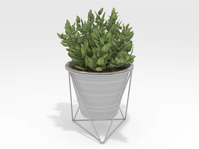 Lush Green Leafy Plant In Modern Metal Geometric Planter With Triangular Stand 3d model