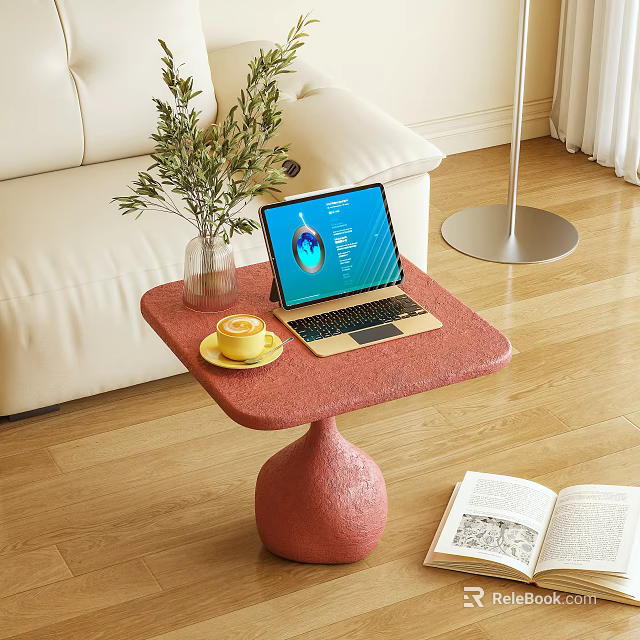 Textured Red Coffee Table With Laptop Vase Green Plant And Yellow Coffee Cup 3d model 