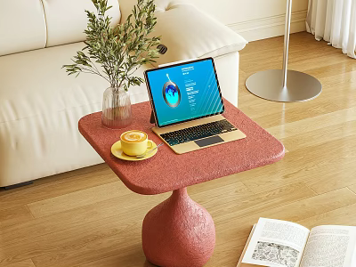 Textured Red Coffee Table With Laptop Vase Green Plant And Yellow Coffee Cup 3d model