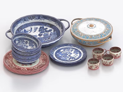 Vintage Blue And Red Floral Dinnerware Set With Plates Bowls Cups And Covered Dish 3d model