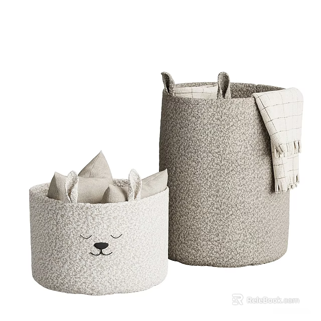 Cute Fabric Storage Baskets With Animal Ears Smiling Face And Towel 3d model 