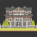 Two Story Red Brick House With Green Roof White Balcony Circular Fountain And Yellow Trees