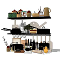 Organized Kitchen Shelves With Pans Pitchers Bottles Utensils And Decorative Plants