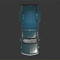 Light Blue Pickup Truck With Red Roof Lights And Striped Seats On Reflective Surface