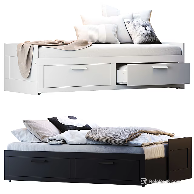 Modern Single Bed With Storage Drawers And Soft Bedding In White And Dark Colors 3d model 