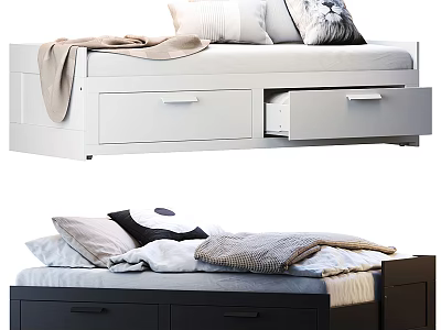 Modern Single Bed With Storage Drawers And Soft Bedding In White And Dark Colors 3d model