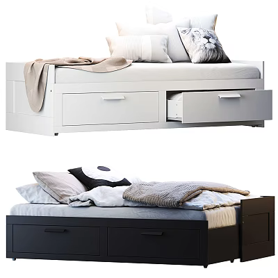 Modern Single Bed With Storage Drawers And Soft Bedding In White And Dark Colors 3d model