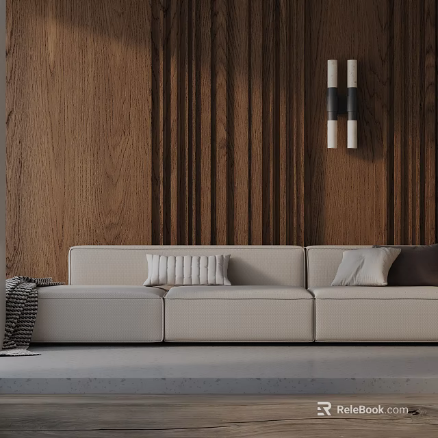 Three Seater Sofa Beige In Modern Living Room With Wooden Panel Wall And Decorative Pillows 3d model 