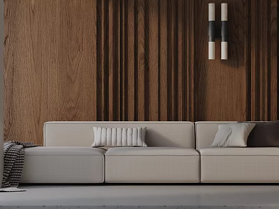 Three Seater Sofa Beige In Modern Living Room With Wooden Panel Wall And Decorative Pillows 3d model