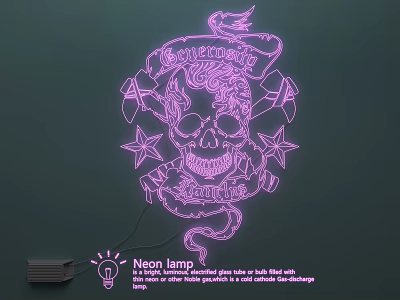 Pink Neon Lamp Combinations with Skull Stars Ribbon and Snake on Dark Wall 3d model