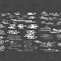 White Silhouette Art Featuring Various Clouds Mountains And Architecture On Dark Gray Background